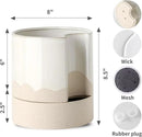 Nihow Self Watering Plant Pot: 8 Inch Ceramic Planter with Drainage Hole & Water Storage Plus for Indoor & Outdoor Plants - Cylinder Round Flower Pot for Succulent/Herbs/Violets - White & Wave Nature by GreenHaven Gardens