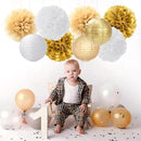 White Gold Party-Decorations Paper Flowers Lanterns - 15PCS Engagement Birthday Graduation Wedding Tissue Pom Poms Streamers,Neutral Bachelorette Baby Bridal Shower Hanging Supplies Decor Hugfond by CozyNest Decor