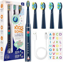 SEAGO Kids Electric Toothbrush, Sonic Soft Bristle Rechargeable Toothbrushes with DIY Stickers, 5 Modes, Includes 4 Replacement Brush Heads, Ages 3 to 12 Years Old (Navy) by TinyTreasures Baby Boutique