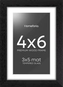 Homeforia 4x6 Picture Frame Black Wood, High End Oak 4by6 Black Wooden Frames with Mat 3x5 Print, 4 x 6 Frame Matted to 3 x 5 inch Photo, 6x4 Wall or Tabletop Frame, Tempered Glass, Wall Kit, Set of 1 by CozyNest Decor