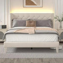 Queen Size Bed Frame with LED Lights, Upholstered Bed Frame with Wingback Diamond Tufted Headboard, Wood Slats Support, Noise-Free, Easy Assembly, No Box Spring Needed, Beige by CozyNest Decor