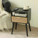 MaxSmeo Mid Century Modern Nightstand with Charging Station, Bedside Tables with Rattan Drawer, Small Wood Nightstand Side Table for Living Room,Bedroom (Black) by CozyNest Decor