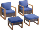 Outdoor Wicker Patio Furniture Set - 4 Piece Patio Conversation Set with 2 Wicker Armrest Chairs,2 Rattan Ottoman, Sturdy Frame, Thick Cushions, Deep Seating(Brown/Blue) by CozyNest Decor
