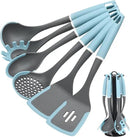 Kitchen Cooking Utensils Set, Non-Stick Spatula Set with Rotating Stand, 6 PCS Silicone Utensils Set for Cooking, 400°F Heat Resistant, Kitchen Gadgets with Nylon Handle & Stable Holder, Grey Blue