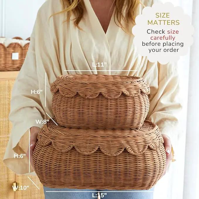 BEBE BASK The Original Scalloped Basket Set Of 2 - Small Scallop Basket - 15 x 10 x 6 In - Hand-Woven & Award-Winning - Elegant Wicker With Scalloped Edge Lid - Nursery Storage - (Mocca), photo 4 of 9