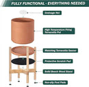 D'vine Dev Terracotta Planter with Natural Stand - 8 Inch Modern Round Flower Pot with Wood Planter Holder, Terracotta, 55-B-N-5 by CozyNest Decor