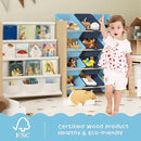 Kids Toy Storage Organizer - Toy Storage with Kids Bookshelf, Toy Organizer with 12 Blue Bins and 4 Book Shelves, Toy Organizers and Storage for Playroom, Nursery, Kids Room, Burlywood by CozyNest Decor