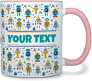Personalized Mug for Kids - Robots - Custom Name/Text, Ceramic Hot Chocolate/Cocoa/Coffee Cup for Boys, Birthday/Christmas/Holiday Gift - 11 oz, Pink Handle by TinyTreasures Baby Boutique