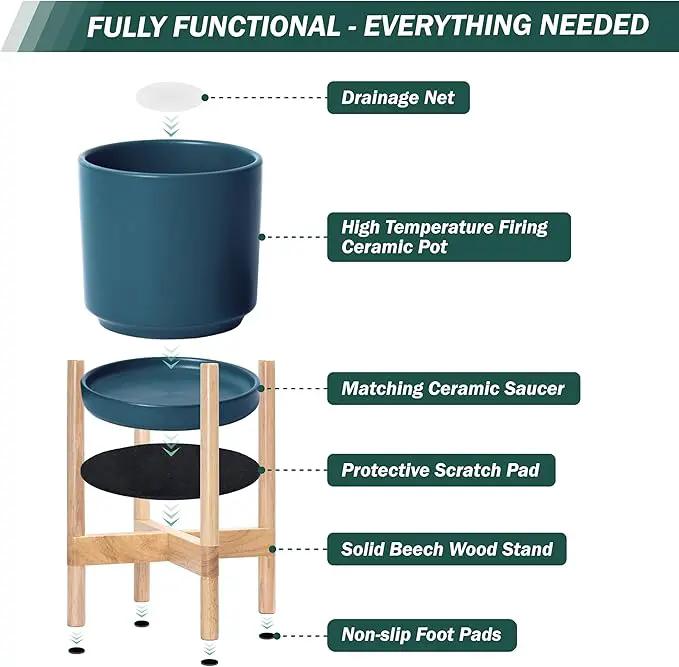 D'vine Dev Ceramic Planter with Natural Stand - 12 Inch Modern Round Flower Pot with Wood Planter Holder, Teal, 55-B-J-4, photo 5 of 7