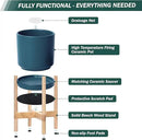 D'vine Dev Ceramic Planter with Natural Stand - 12 Inch Modern Round Flower Pot with Wood Planter Holder, Teal, 55-B-J-4 by GreenHaven Gardens
