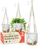 White Hanging Self Watering Pots with Macrame Ivory Rope, 3 Pack Indoor & Outdoor Hanging Plant Pots with Built-in Reservoir, Wick Rope, Drainage Holes & Hooks, Stylish Boho Decor Hanging Planter by GreenHaven Gardens