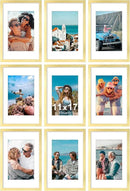 Vittanly 11x17 Picture Frames Set of 9, Shatter Resistant Plexiglass, Display 8x12 Pictures with Mat or 11x17 without Mat, Photo Frames for Wall Mount, Engineered Wood, Gold by CozyNest Decor