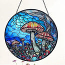 Stained Glass Window Hanging - 7.8‘’ "Enchanted Forest Mushroom Suncatcher for Home and Office Décor Sun Catcher Circular Artwork by GreenHaven Gardens