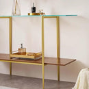 Extra Large Glass Console Table for Living Room, Foyer & Entrance, L47 x W16 x H31, Mid-Century Modern Sofa Table with Clear Glass Top, Walnut Finish Wood Top and Gold Finish Metal Frame by CozyNest Decor