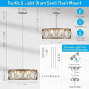XINGQI 21.7'' Modern Farmhouse Chandelier Drum Pendant Lighting Fixture Hanging Ceiling Lamp for Living Dining Room Over Table, 5 Lights Antique Wood Grain Brushed Nickel with Round Metal by CozyNest Decor