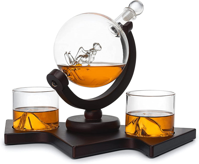 Ski Wine and Whiskey Decanter 850ml With 2 Glacier Mountain Glasses by The Wine Savant - 14" Long For Whiskey, Scotch, Wine - 850ml - Skier Gifts, Ski Gifts, Gifts for Ski Enthusiasts, Ski Lover Gifts