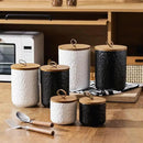 Black White Ceramic Coffee Canister Tea Canister with Seal Wood Lid, Airtight Coffee Storage Container for Coffee Bean, Ground Coffee, Sugar, Cookie Candy jar (Black three piece) by CozyNest Decor