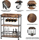 Bar Cart Serving Wine 3 Tier Home Rolling Rack with Wheels Mobile Kitchen Industrial Vintage Style Wood Metal Serving Trolley Serving Cart,Glass Holder Bar Cabinet by CozyNest Decor