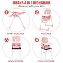 INFANS 4 in 1 High Chair–Booster Seat, Convertible Highchair w/Adjustable Height and Recline,Removable Tray,DetachableCushion, Installation-Free,Simple Fold for Baby, Infant& Toddler (Pink) by TinyTreasures Baby Boutique