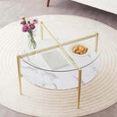 Round Coffee Table for Living Room, Mid-Century Modern Design, D30 x H17, 2-Tier Structure, Clear Glass Top and White Marble Finish Wood Shelf, Sleek Conical Metal Legs with Gold Finish Frame by CozyNest Decor