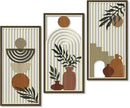Putuo Decor Boho Wall Art Set of 3, Abstract Geometric Wooden Wall Decor, Mid-Century Modern Aesthetic Artwork with Arch, Vase & Botanical Design for Living Room, Bedroom, Office, 16.5 x 8.6 Inch by CozyNest Decor