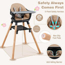 BABY JOY Baby High Chair, 6 in 1 Convertible Wooden High Chair for Babies & Toddlers with Adjustable Legs, Double Removable Tray, Safety Harness & Waterproof PU Cushion (Coffee) by TinyTreasures Baby Boutique