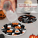 Coaster for Drinks Set of 6, Halloween Ghost Pumpkins Bats Holiday Black Absorbent Round Ceramic Stone Mat, with Cork Base and Metal Holder, Gift for Housewarming Room Bar Decor by CozyNest Decor