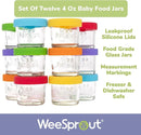 WeeSprout Glass Baby Food Storage Jars w/Lids (4 oz, 12 Pack Set) Snack, Puree, Reusable Small Containers, Breast Milk, Fridge or Freezer, Microwave & Dishwasher Safe, Essential Must Have for Infants by TinyTreasures Baby Boutique