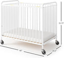 Foundations Chelsea Clearview Metal Compact Daycare Crib, 3" Casters, Compact Mini Size, Easy to Clean Durable Finish, Adjustable to Two Heights Mattress Board (White) by TinyTreasures Baby Boutique