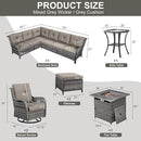 Outdoor Sectional Furniture Sofa Set with Propane Fire Pit Table, Wicker Patio Conversation Set with 2 Swivel Rocker Glider Chairs Grey Cushion Perfect for Backyard Casual Gathering by GreenHaven Gardens