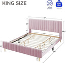 Livinia King Size Elton Velvet Platform Bed, Upholstered Bed Frame with Vertical Channel Tufted Headboard Footboard, Strong Wood Slats, No Box Spring Needed, Pink (King) by CozyNest Decor