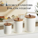 White Ceramic Canister Set with Wooden Lid, 3-Piece Food Storage Jars for Kitchen Counter, Storage Container for Coffee, Tea, Spice, Sugar, Grains, Salt by CozyNest Decor