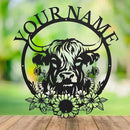 Personalized Highland Cow Name metal Signs,Custom Highland Cow Metal Shed Wall Decor,Black Metal Wall Art Plaques Outdoor wall Decorative Signage (Style H) by CozyNest Decor