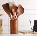 Wooden Spoons for Cooking, Cooking Utensils Set of 6 Natural Teak Wooden Cooking Spatulas with Utensils Holder Comfort Grip Wooden Kitchen Utensils for Nonstick Cookware by CozyNest Decor