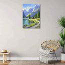 Landscape wall painting of mountain forest lakeside cabin under blue sky and white clouds natural oil painting poster suitable for living room bedroom office by CozyNest Decor