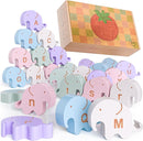Montessori Natural Wooden Alphabet Elephants - 26-Piece Snap-Together ABC Learning Toy with Upper & Lowercase Letters - Educational Fine Motor Skills & Vocabulary Building for Toddlers & Kids Ages 3+ by TinyTreasures Baby Boutique