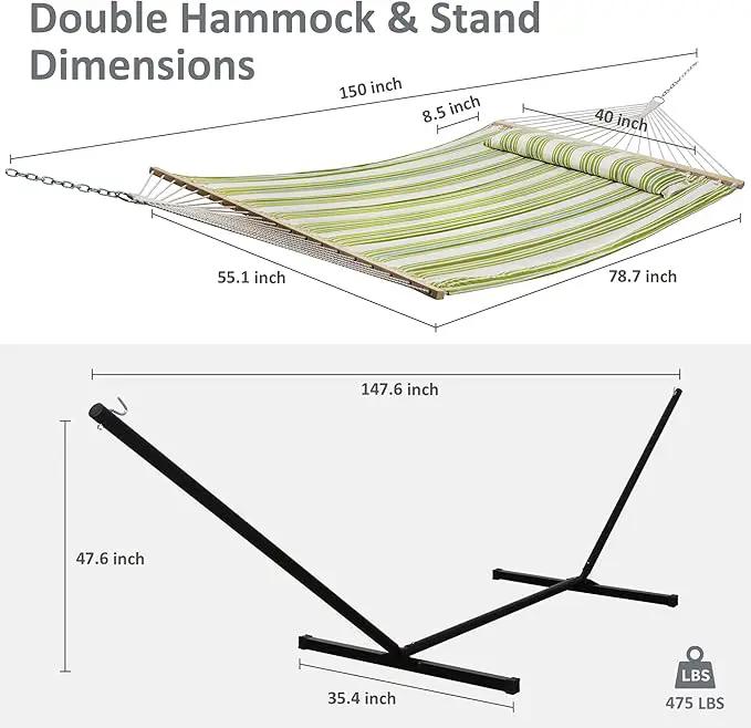 SUNCREAT Portable Double Hammock with Stand, 475 lbs Capacity, Heavy Duty Two Person Hammock with Stand Included, Green Stripe, photo 4 of 7