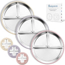 Stainless Steel Suction Plates for Toddlers, 9" Divided Kids Baby Plates with Removable Silicone Suction, Non Toxic Non Slip Portion Control Snack Dishes 3 Packs, Pink Beige Lilac by TinyTreasures Baby Boutique