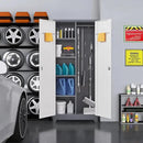 Garage Storage Cabinet,Broom Closet with Lock,Locking Cabinets with Hanging Rod & S-Hooks for School,Garage,Grey-White by CozyNest Decor