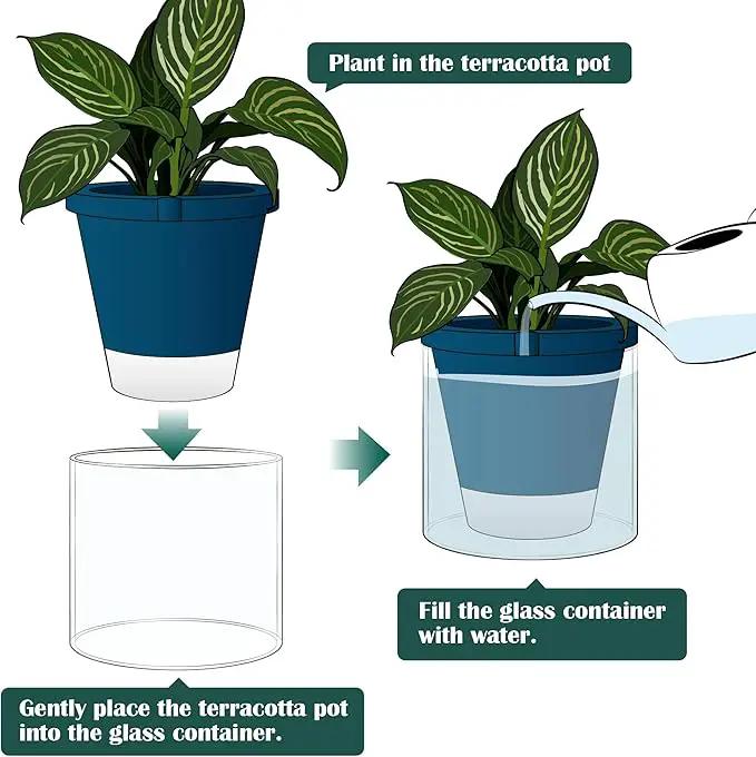 D'vine Dev 10 Inch Design Self Watering Planter for Indoor Plants, Blue Terracotta Pot with Cylinder Glass Cup, 37-X-D-4, photo 4 of 7