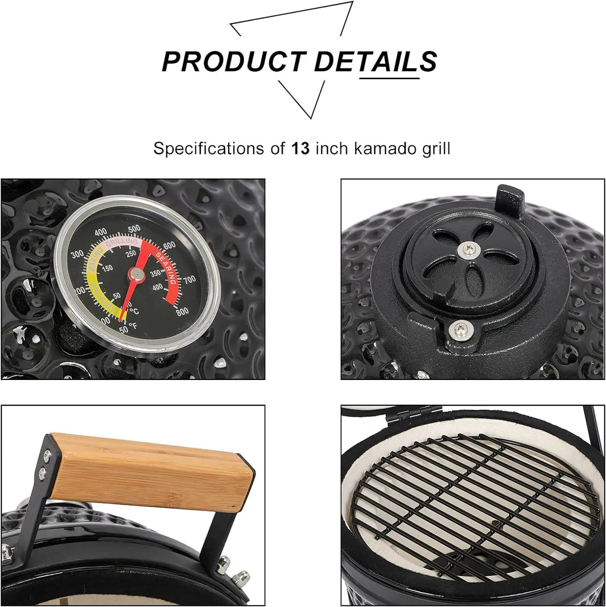 13" Round Ceramic Kamado Charcoal Grill - Heavy-Duty Black Outdoor BBQ Smoker with Heat Retention, Portable Egg Design for Grilling, Smoking, Baking & Roasting (Includes Ash Tool), photo 6 of 6