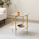 Square Glass End Table, Mid-Century Modern Design Sofa Table, for Living Room, L18 x W18 x H23, Clear Glass Top and White Marble MDF Shelf, Sleek Conical Metal Legs with Gold Finish by CozyNest Decor