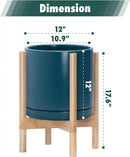 D'vine Dev Ceramic Planter with Natural Stand - 12 Inch Modern Round Flower Pot with Wood Planter Holder, Teal, 55-B-J-4 by CozyNest Decor