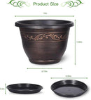 Plastic-Plant-Flower-Planters-10 Inch with Drainage Hole & Saucer, 3 Packs Lightweight Small Resin Flower Pot Indoor Outdoor, Retro Antique Imitation Decorative Garden Containers Sets for Houseplants by CozyNest Decor