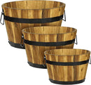 IDZO Set of 3 Wooden Flower Planters for Outdoor Plants, Acacia Wood Barrel Planters, Ergonomic Handles, Drainage Holes, Various Sizes, Golden Teak by CozyNest Decor
