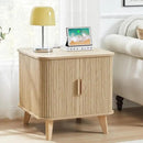 Farmhouse Square End Table with Charging Station, 24" Large Fluted Sofa Side Table with Sliding Tambour Door and Storage, Rustic Curved Wood Nightstand for Living Room, Bedroom, Natural by CozyNest Decor