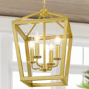 Gold Chandelier 4-Light, Farmhouse Pendant Light Fixture Adjustable Height, Modern Dining Room Light Fixture, Lantern Ceiling Hanging Lighting with Metal Cage for Kitchen Island Entryway Foyer by CozyNest Decor