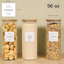 3 Pack Glass Jar with Airtight Bamboo Lid and White 132 Kichen Pantry Labels Preprinted - 56 Oz Clear Tall Glass Food Storage Containers set For Pasta Flour Cookie Rice by CozyNest Decor