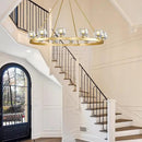 Gold Wagon Wheel Chandelier, 59 Inch Brass Chandeliers with Unique Glass Shade, 15-Light Crystal Large Wagon Wheel Chandeliers for Dining Room, High Ceiling Round Chandelier for Living Room, Foyer by CozyNest Decor