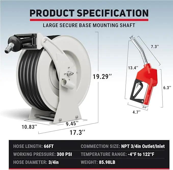 Retractable Fuel Hose Reel, 3/4 in × 66 ft Rubber Hose Heavy Duty Steel Professional Spring Driven Diesel Hose Reel with Fueling Nozzle Max 300PSI Auto Rewind Quick for Ship Vehicle Tank Truck, photo 5 of 7